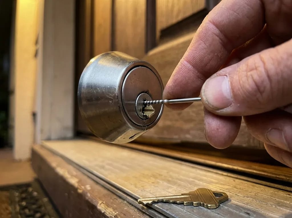 Locksmith extracting a broken key from a deadbolt cylinder in Oceanside