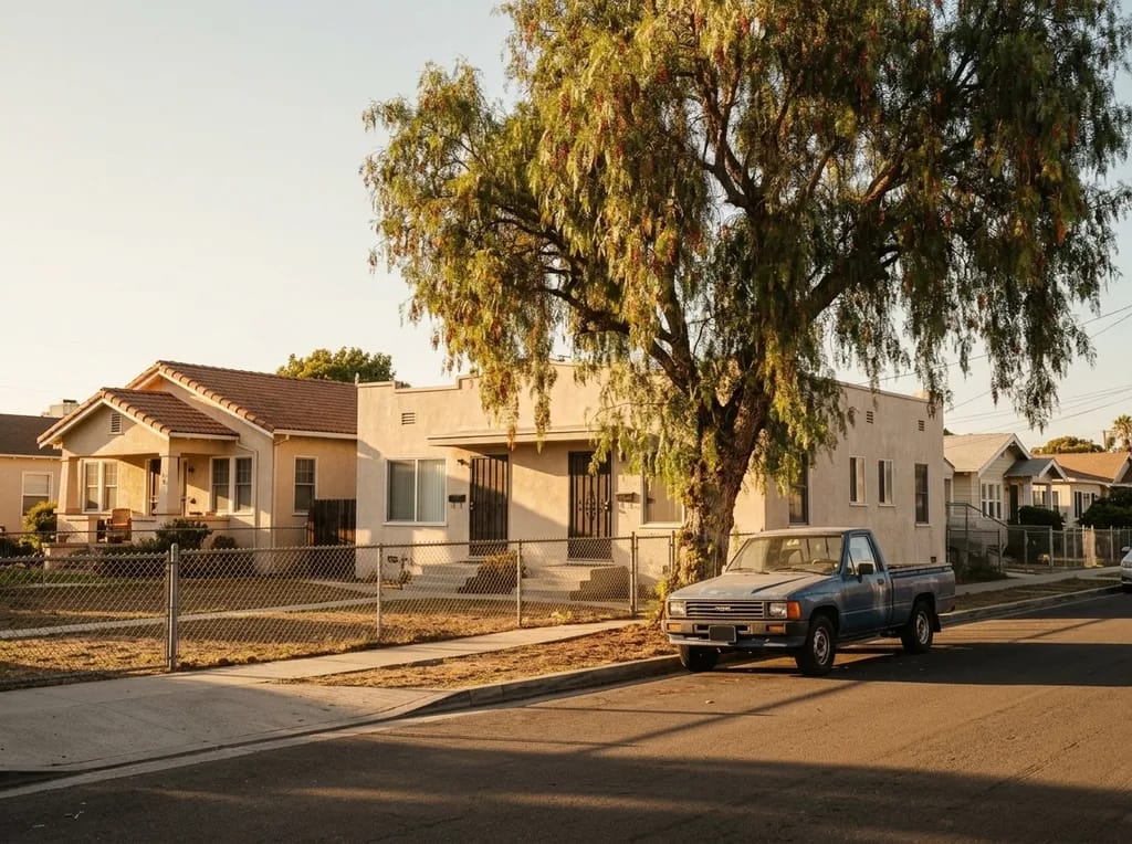 Bungalow and duplex on a residential street in Eastside Oceanside
