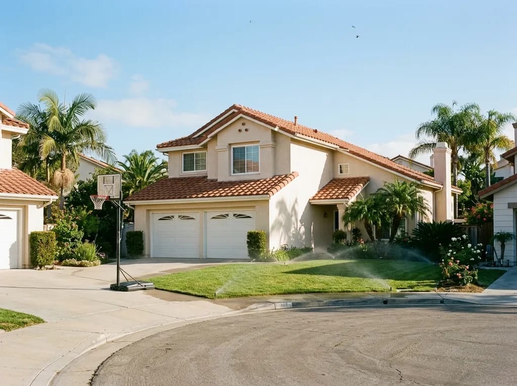 Two-story stucco home with a tile roof on a cul-de-sac in Ivey Ranch, Oceanside