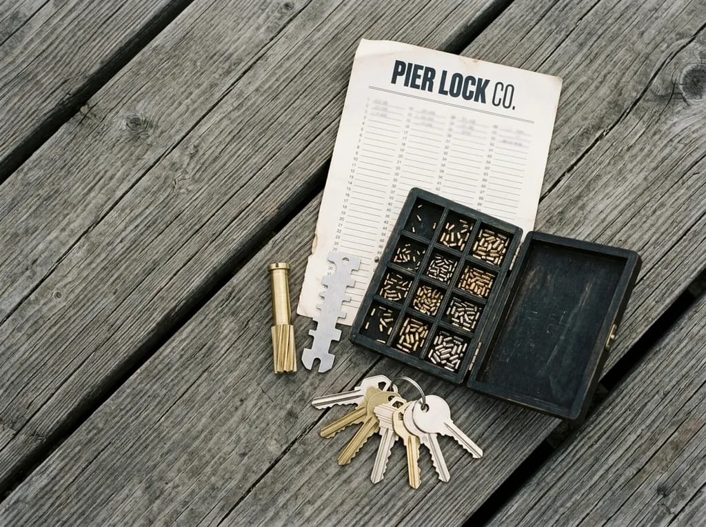Pier Lock Co. price sheet, rekey pin kit, and cut keys laid out on Oceanside Pier planks