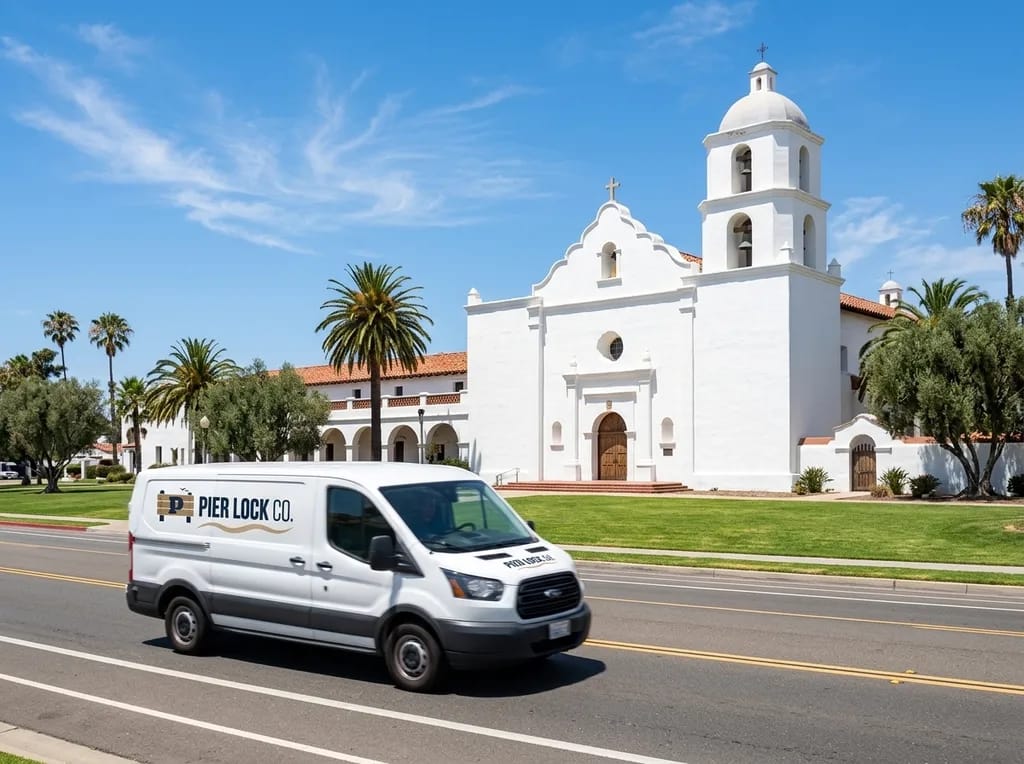 Pier Lock Co. van passing Mission San Luis Rey on Mission Avenue, Oceanside