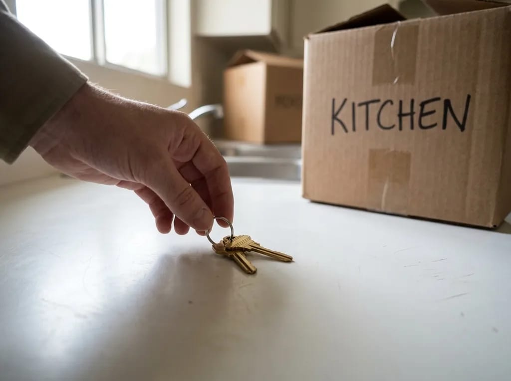 New house keys on a kitchen counter next to a moving box in a San Luis Rey, Oceanside rental