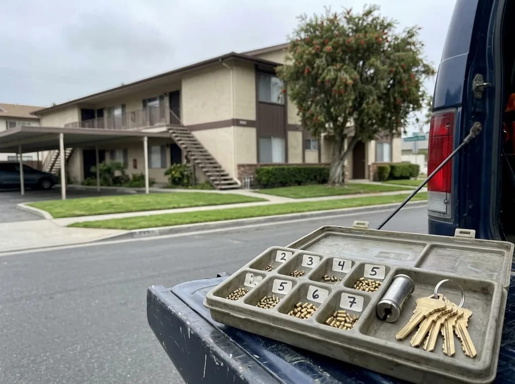 Rekey pinning tray and keyed-alike keys on a van tailgate outside a garden-style apartment building on Oceanside Boulevard